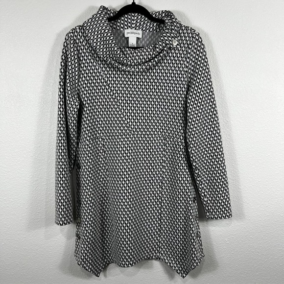 Peck‎ & Peck Women's Mini Shift Dress Medium Black White Silver Sharkbite Hem - Picture 1 of 14
